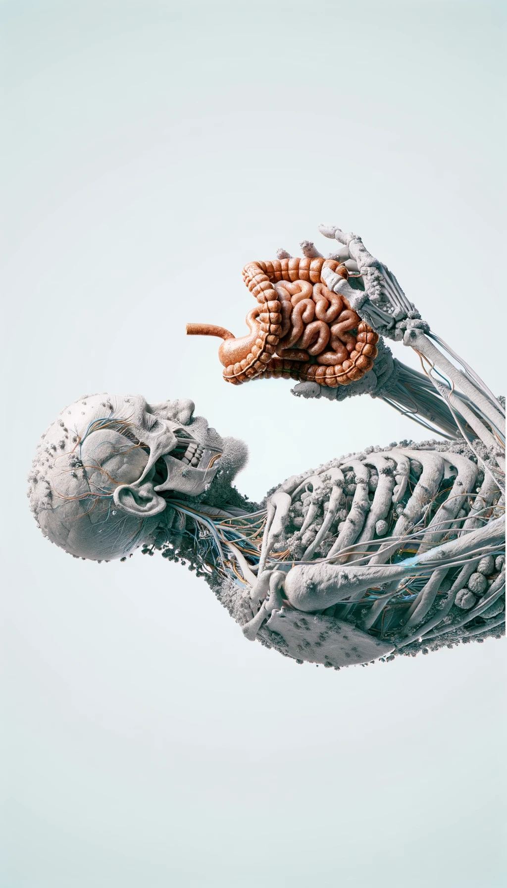 corpo umano anatomico che si tocca l'intestino con gli occhi chiusi, sfondo chiaro, iperrealistica 4k emoji
