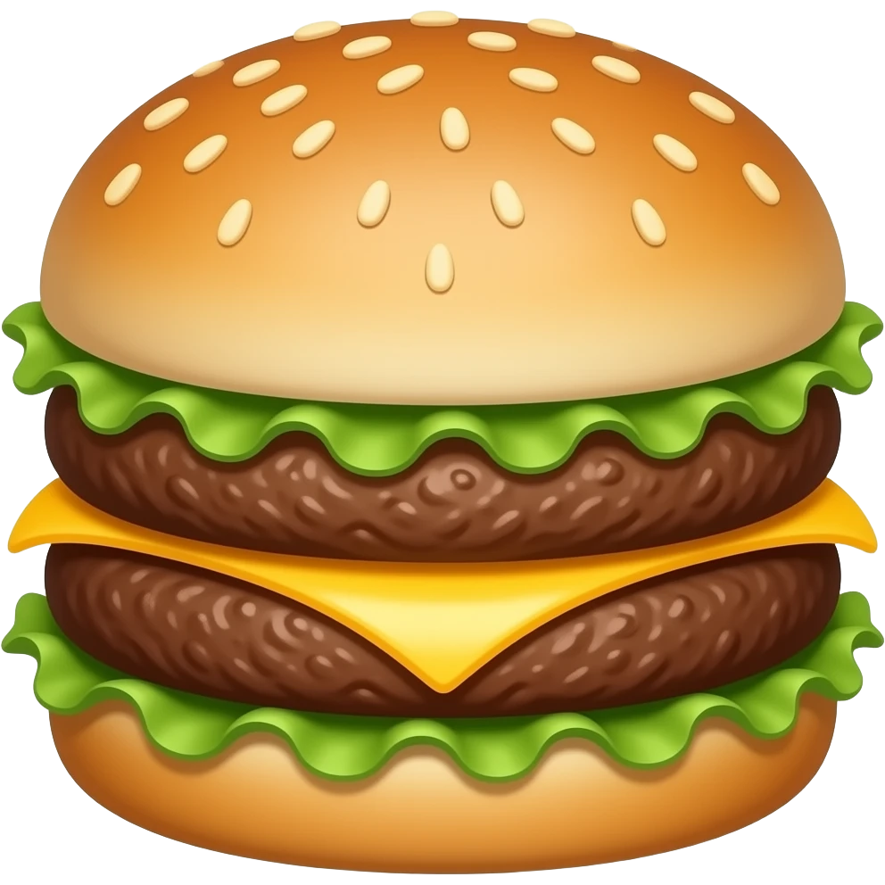 cheddar cheeseburger, 3 layers only: top bun, beef patty, melted cheddar cheese, bottom bun, no extra layers, no lettuce, no vegetables, no green, simplified burger, premium casual game art, 3D cartoon, front view, no outline, transparent background emoji