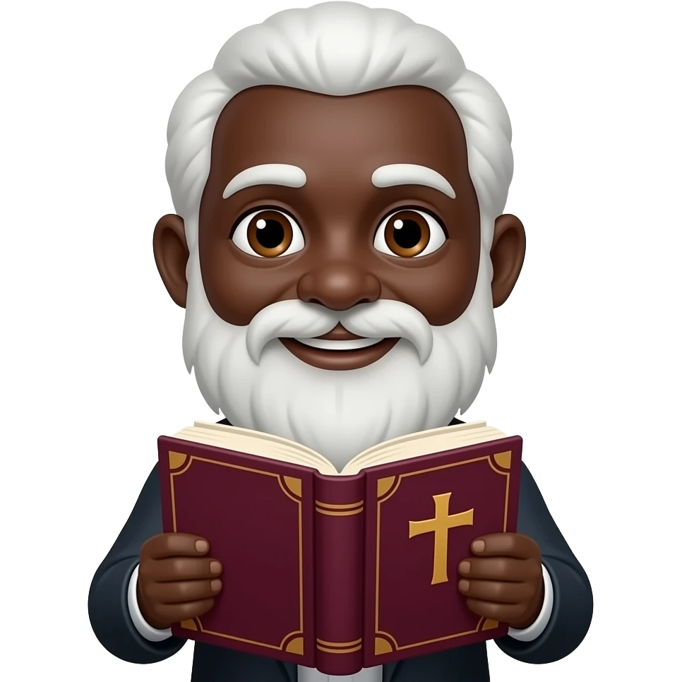 wise old man with whiting hair little smile brown eyes white beard black skin with burgundy book that has a cross on it no circle emoji
