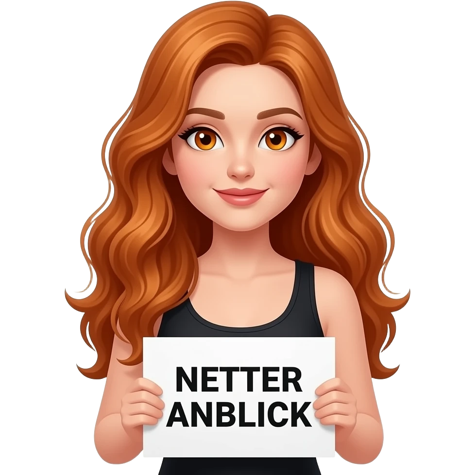 sexy girl with long wavy ginger hair and ginger eyes wearing a black tanktop is holding a white sign with NETTER ANBLICK written on it emoji