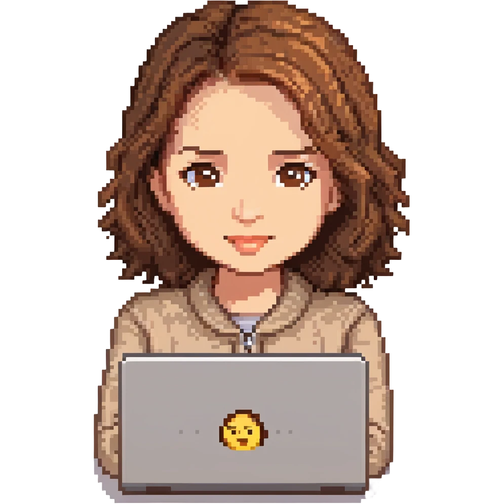 pixel art recreation of the Apple emoji 'woman technologist' with brown hair, brown eyes, light skin, and a laptop, closely matching the original emoji's pose and expression emoji