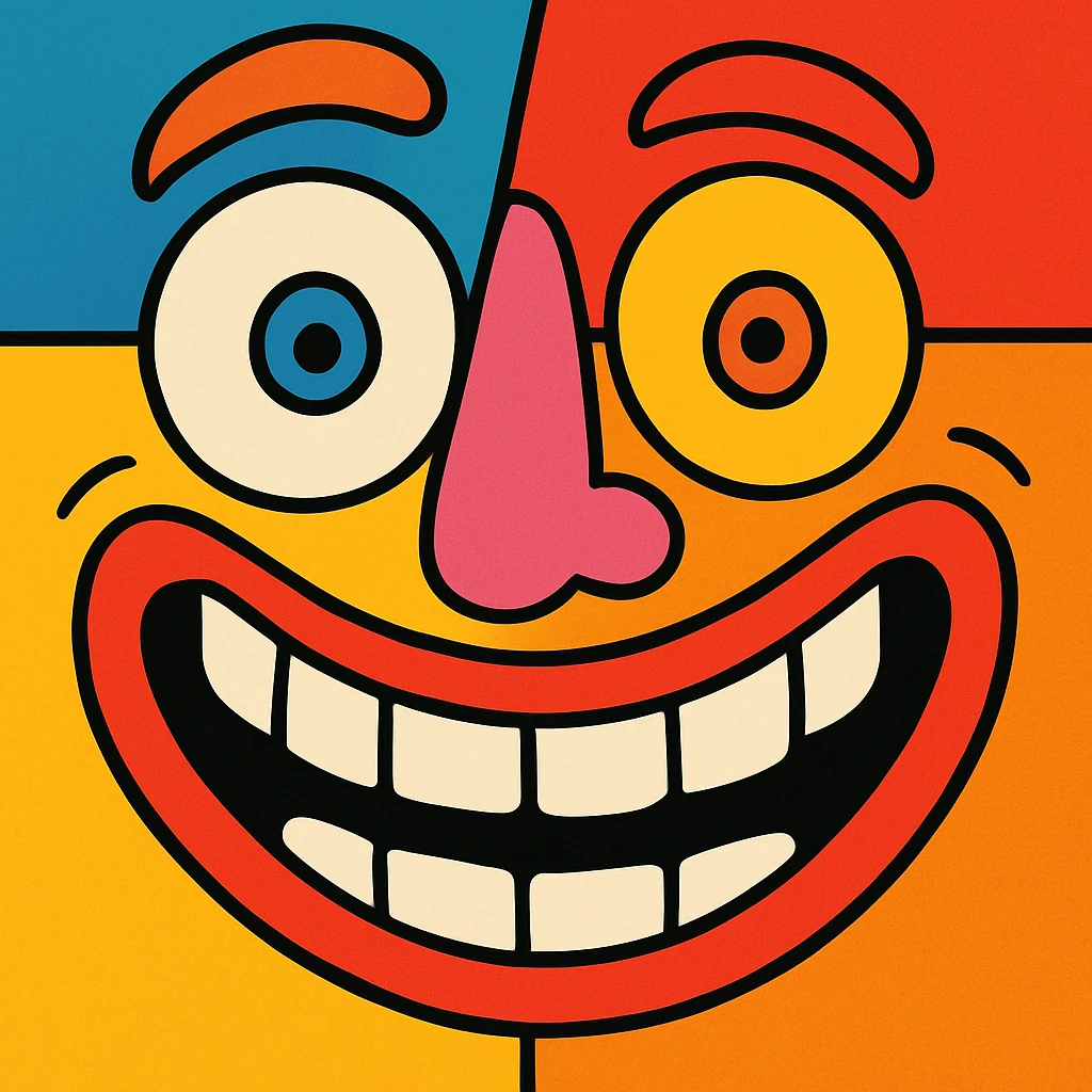 goofy absurd face with mismatched eyes and wide grin, fun and colorful emoji