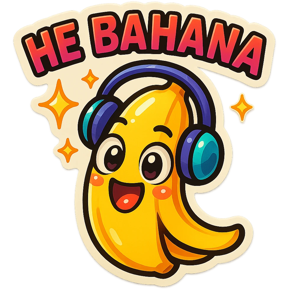 Funny cartoon banana, big happy smiling face, wearing tiny headphones, wide excited eyes, tiny sparkles around, text above: "НЕ БАНАНА ", chibi style, Twitch emoji style, colorful, transparent background emoji