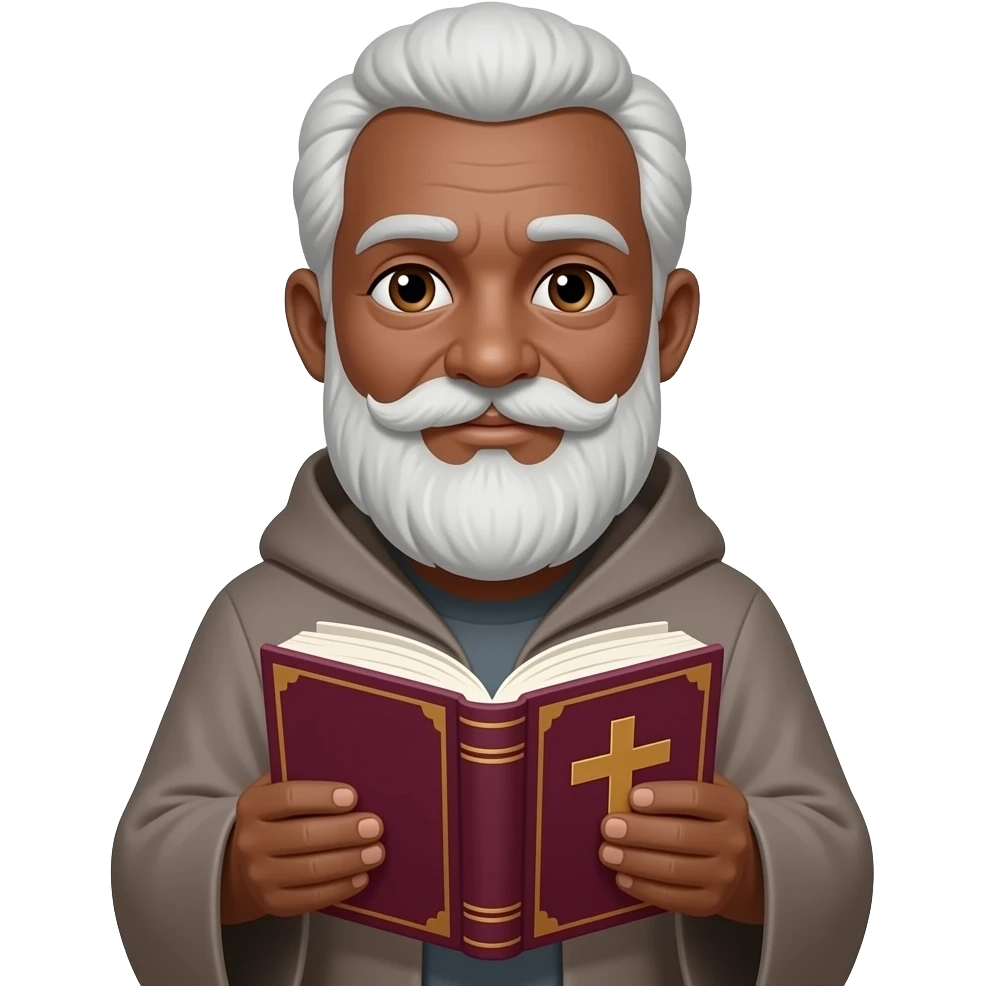 wise old man with grey hair robe slight brown eyes white beard dark skin with burgundy book that has a cross on it emoji