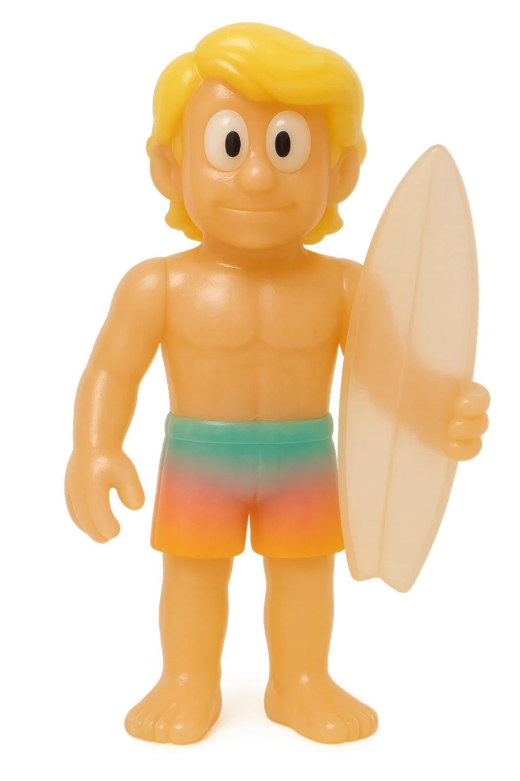 full-body surfer bro, retro 90's toy style, very transparent and slightly see-through, natural tan skin, blonde hair, colorful shorts, large white eyeballs with small black pupils, soft plastic texture, soft reflections, soft and squishy, some cloudiness, not shiny, highly detailed, appealing, no tag, no background emoji