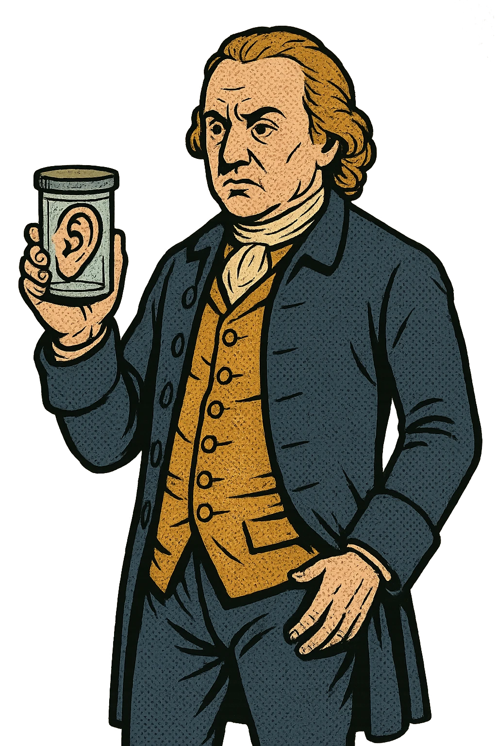 The full body of 1700s surgeon john hunter holding a small specimen jar containing a human ear which he is holding by his side emoji