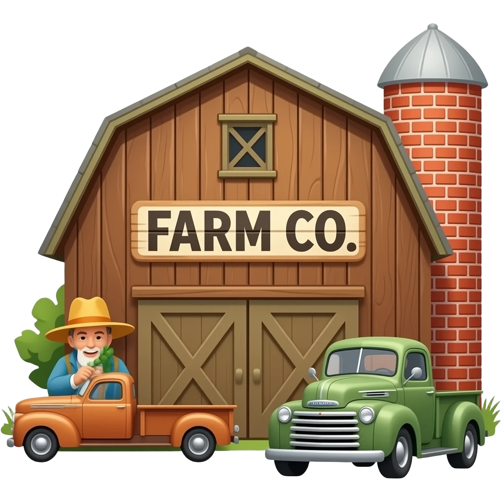 "1940s farm business emoji: a wooden barn with a brick silo, a classic Ford truck, a hand-lettered 'FARM CO.' sign, simplified vector style, vintage colors, transparent background." emoji