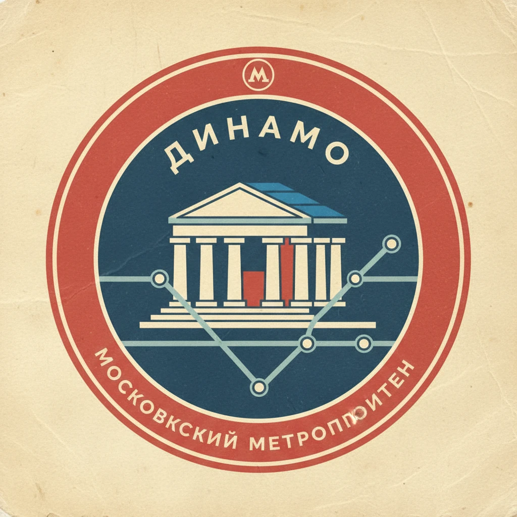 Нужно сделать круглую ретро-марку. Ее границы - не очень яркий красный круг, как у станции метро Москвы на ее схеме. Сама марка должна напоминать как будто станцию метро на схеме метрополитена

На марке - стадион "Динамо" в виде древнего святилища emoji