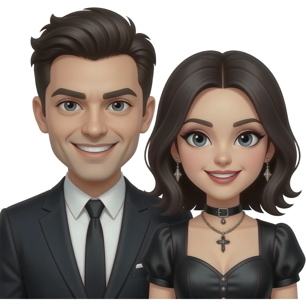 Man and woman with evil smiles and funky tyle and gothic emoji