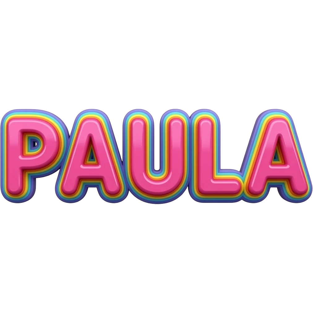 name "paula" in hot pink, 3D style typography lettering, each color of the rainbow as a border outlined around each letter, isolated, 3d rendering, no emoji icons no emoji faces and must have no human figures emoji