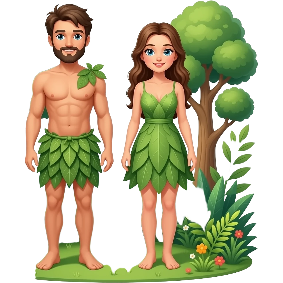 Adam and Eve in the Garden of Eden in the background wearing fig leaves emoji