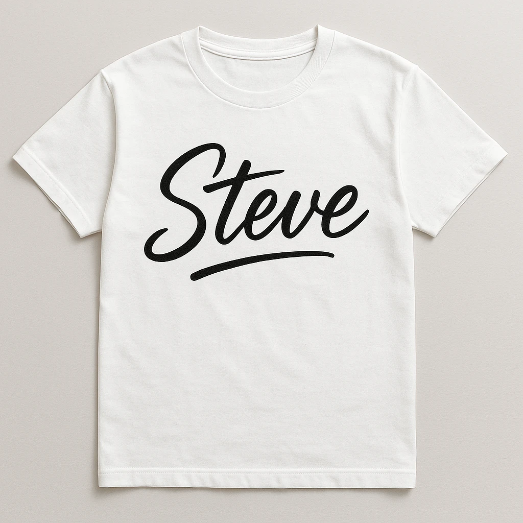 a shirt with 'Steve' in a handwritten script emoji