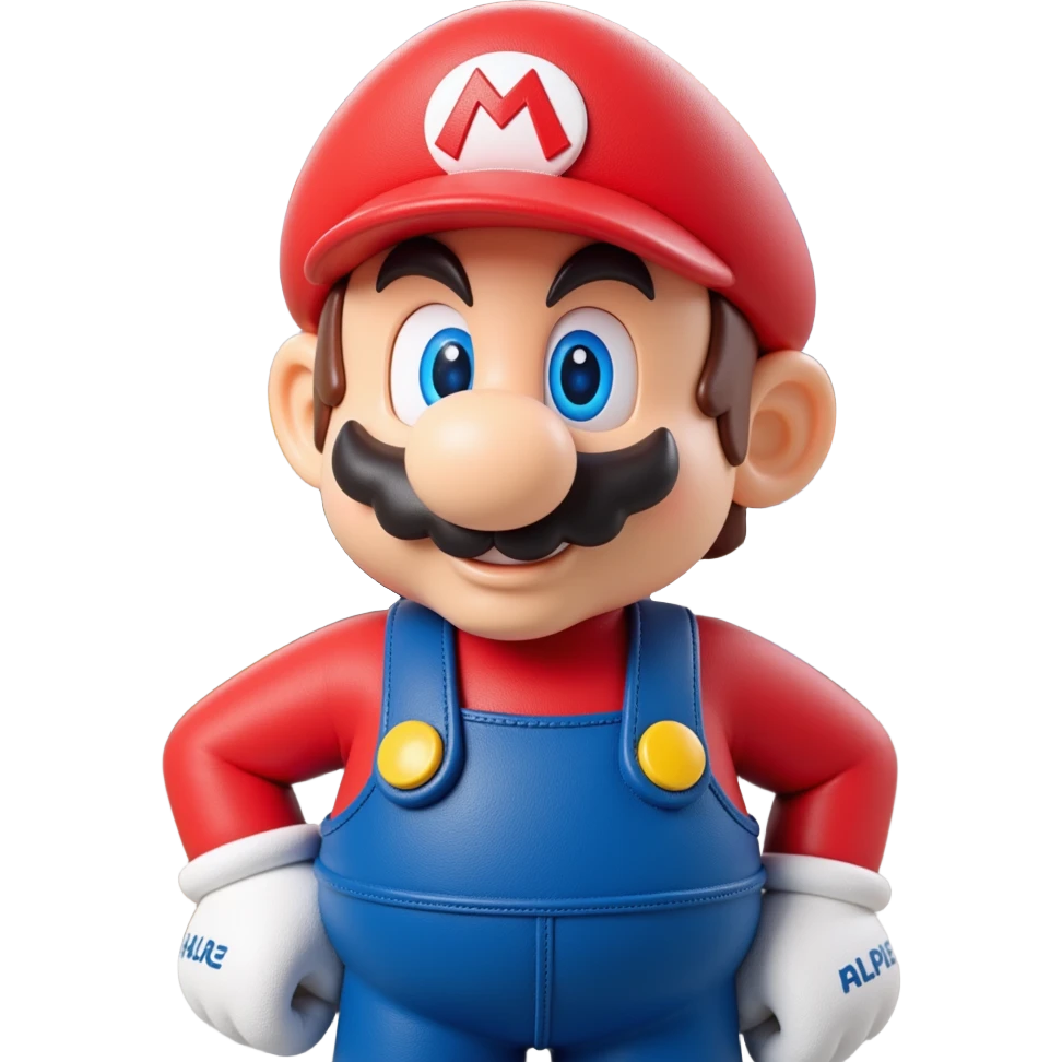 a worker in factoryA 3D-rendered head of a character inspired by Super Mario, facing slightly from front-left to right. The head should include his signature red cap with an ‘M’, large round nose, thick mustach emoji