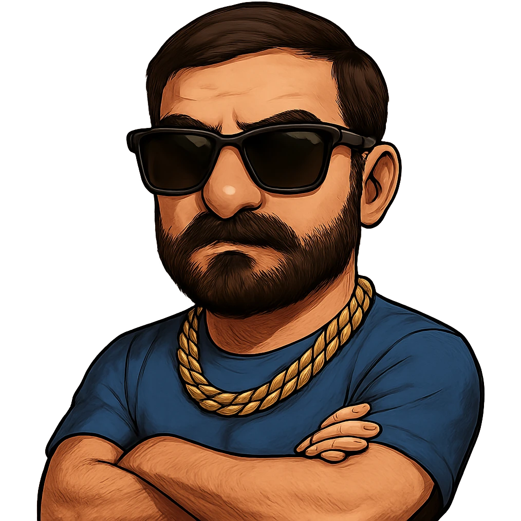 Remix the image as a gangster Mario: Mario as a person with glasses, short dark hair, mustache and beard, gangster style including a gold chain and sunglasses, confident pose, no background. Maintain the essence of the original image but transform it into this gangster Mario style. emoji