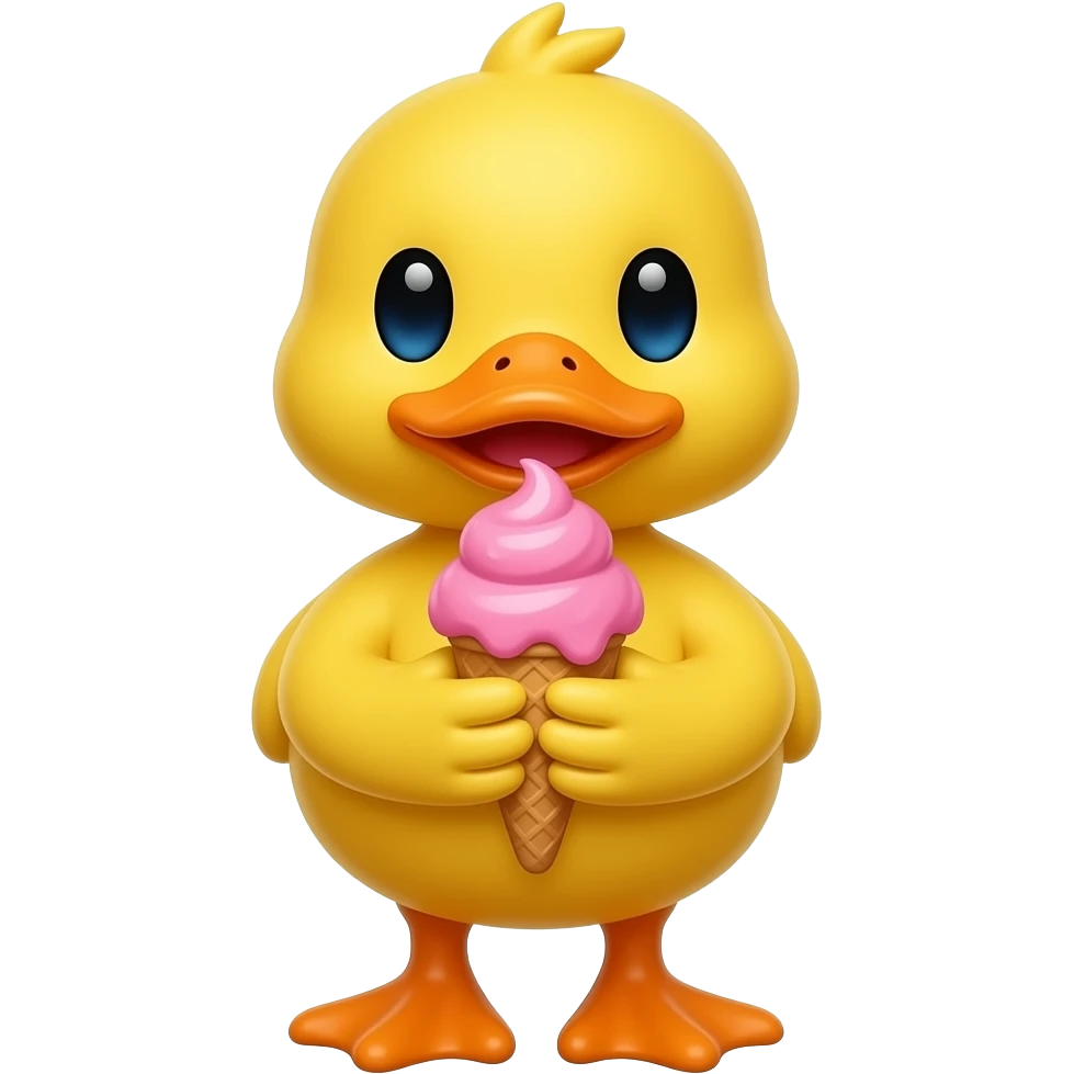 yellow duck standing pose front view hold pink color ice cream emoji