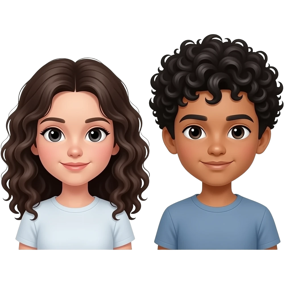 Menina moreninha do cabelo médio bem cacheado e menino branquinho do cabelo cacheado preto e olho preto emoji