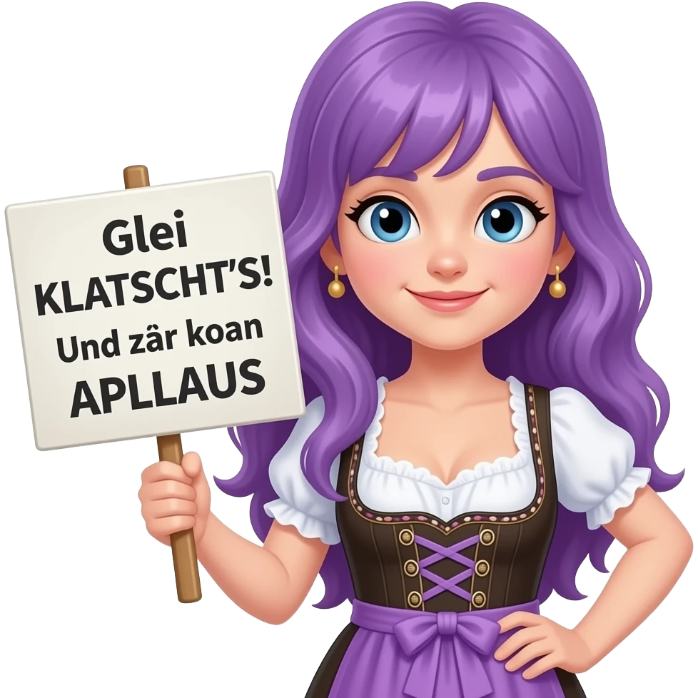 girl with long purple hair wearing a dirndl holding a Glei KLATSCHT'S! Und zwar koan APLLAUS sign emoji