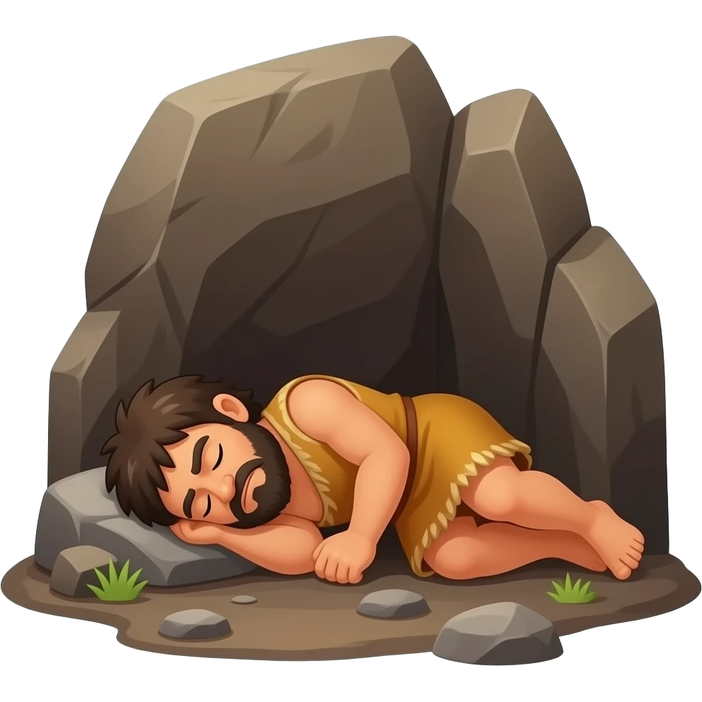 Caveman sleeping in rock ground in the stone age bed cave emoji
