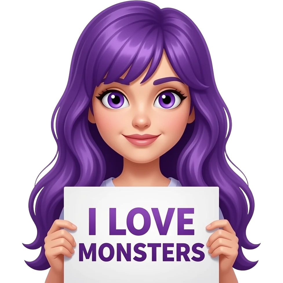 sexy girl with long purple hair and purple eyes holding a I LOVE MONSTERS sign emoji