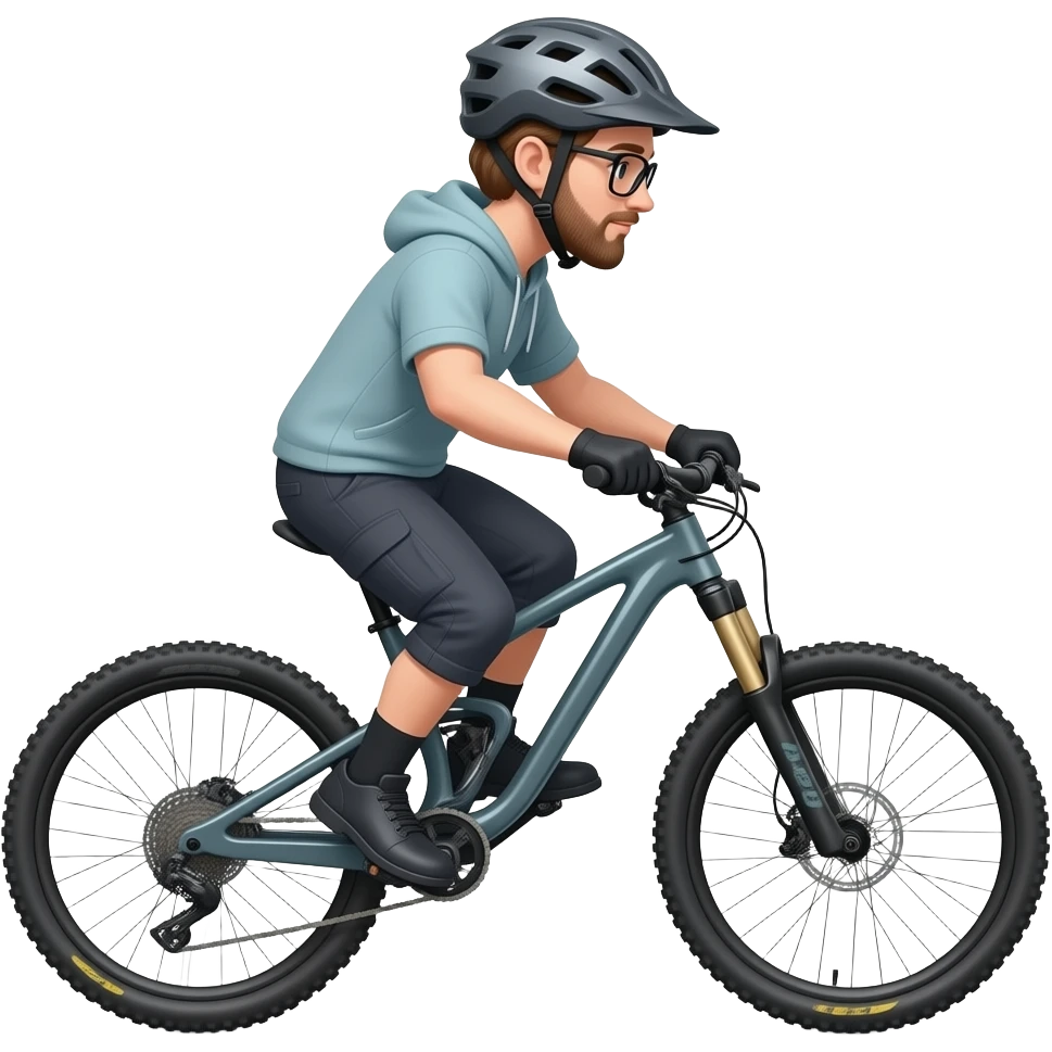 light brown hair guy with a helmet, glasses  and a small beard doing mountain bike emoji