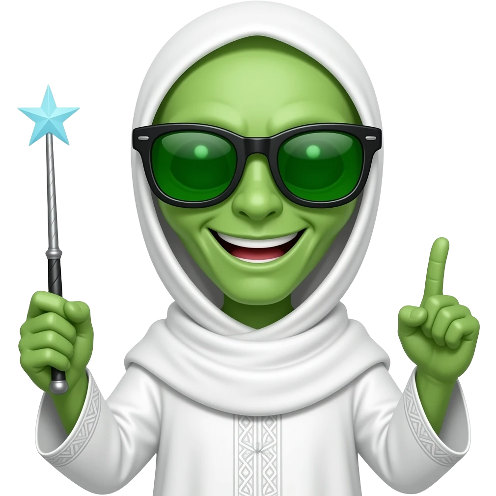 Green Alien smiley teeth  ,alien nose ,face with black sunglasses with green reflection sunglasses and Muslim white cloths (Wand pointing his finger up emoji