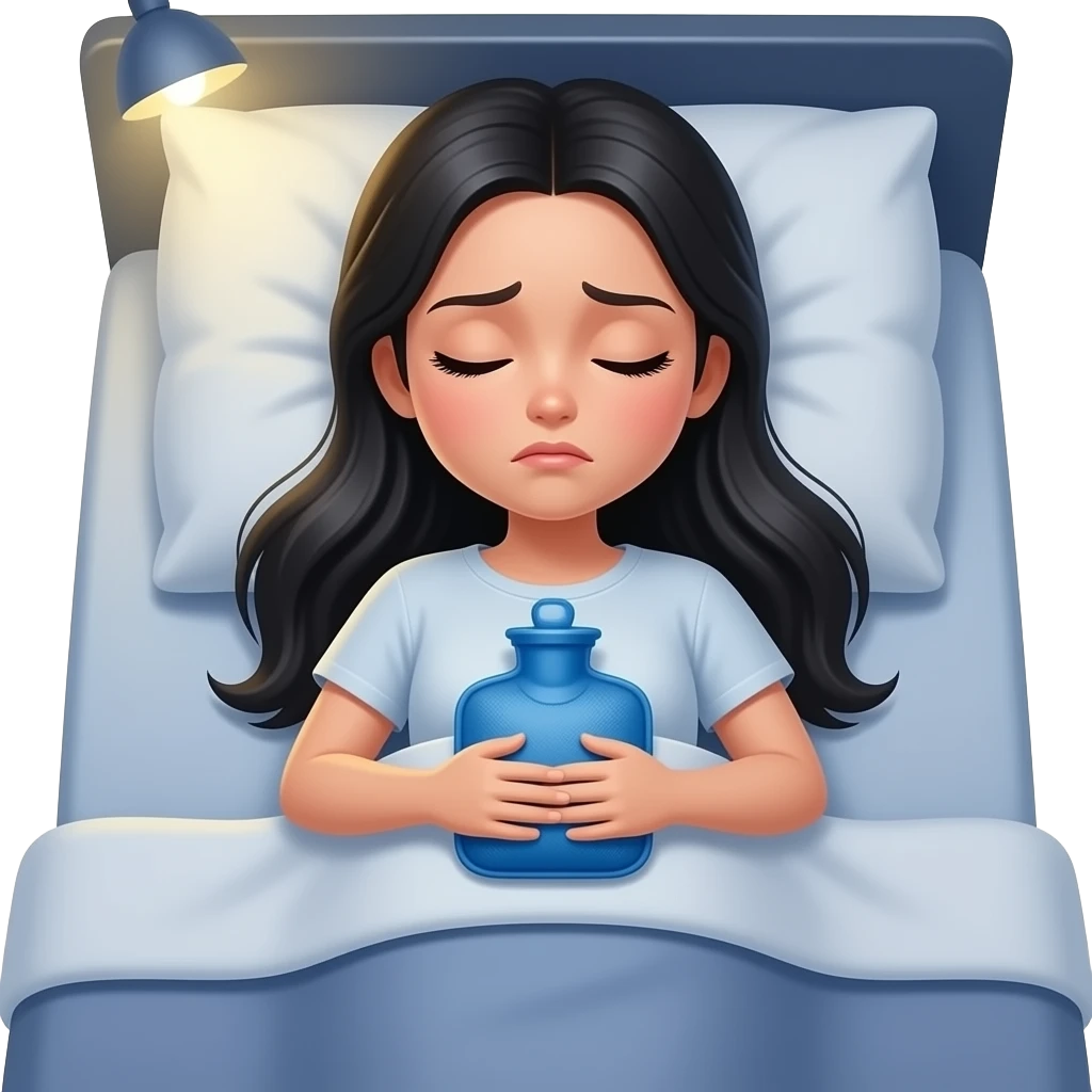 Girl with long black hair In bed with hot water bag stomach pain sleeping emoji