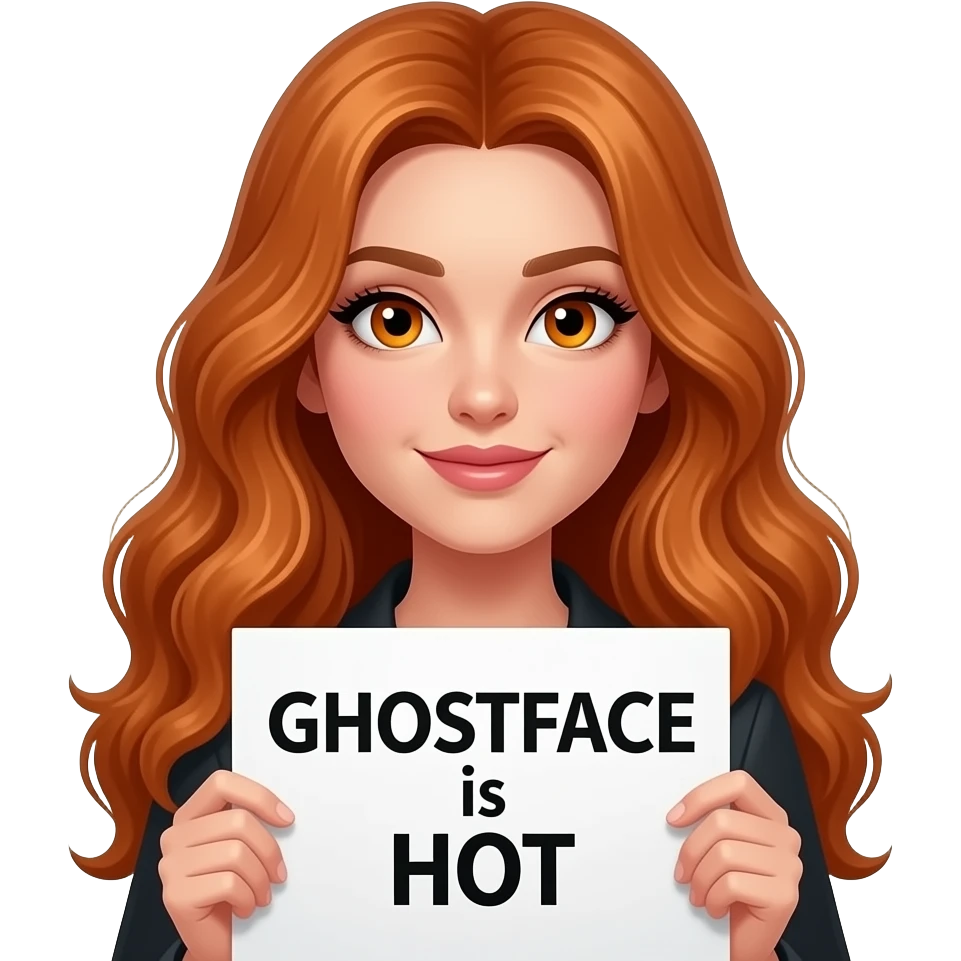 sexy girl with long wavy ginger hair and ginger eyes is holding a GHOSTFACE is HOT sign emoji