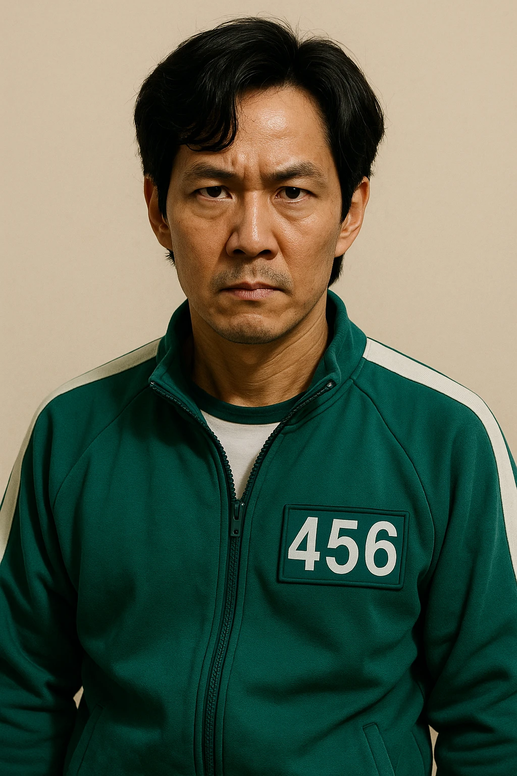 Squid Game man character wearing iconic green tracksuit, short hair, determined expression, simple background emoji