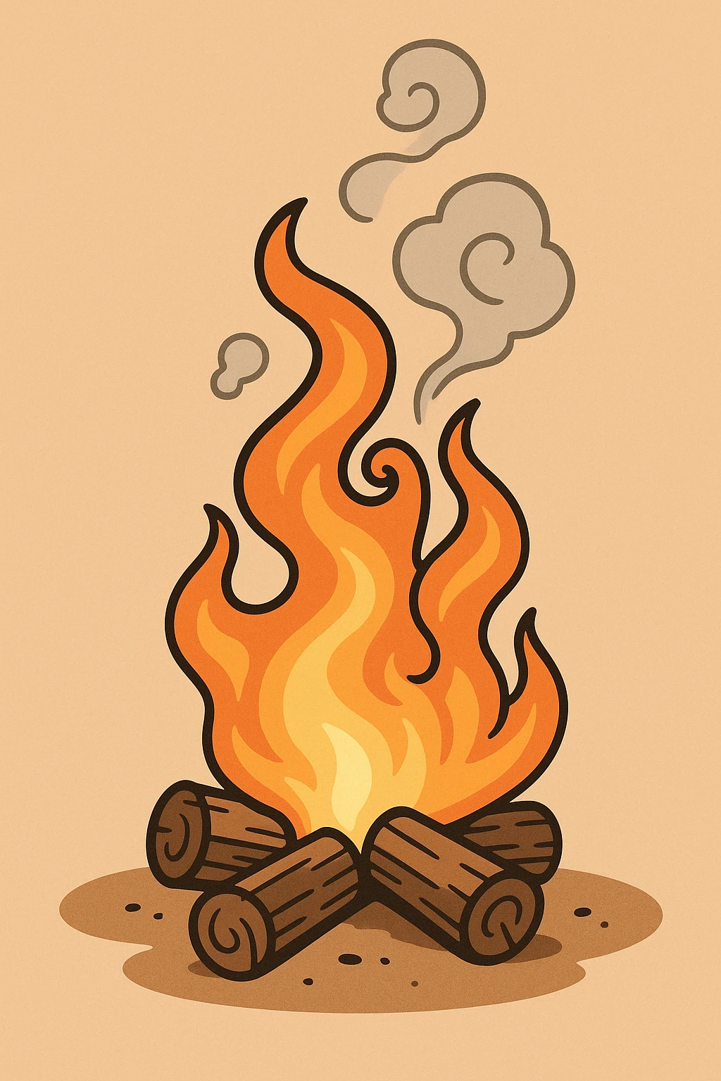 simple campfire with 2-3 logs, no people, fire and smoke with slightly hypnotizing swirling quality, minimal and clear design emoji