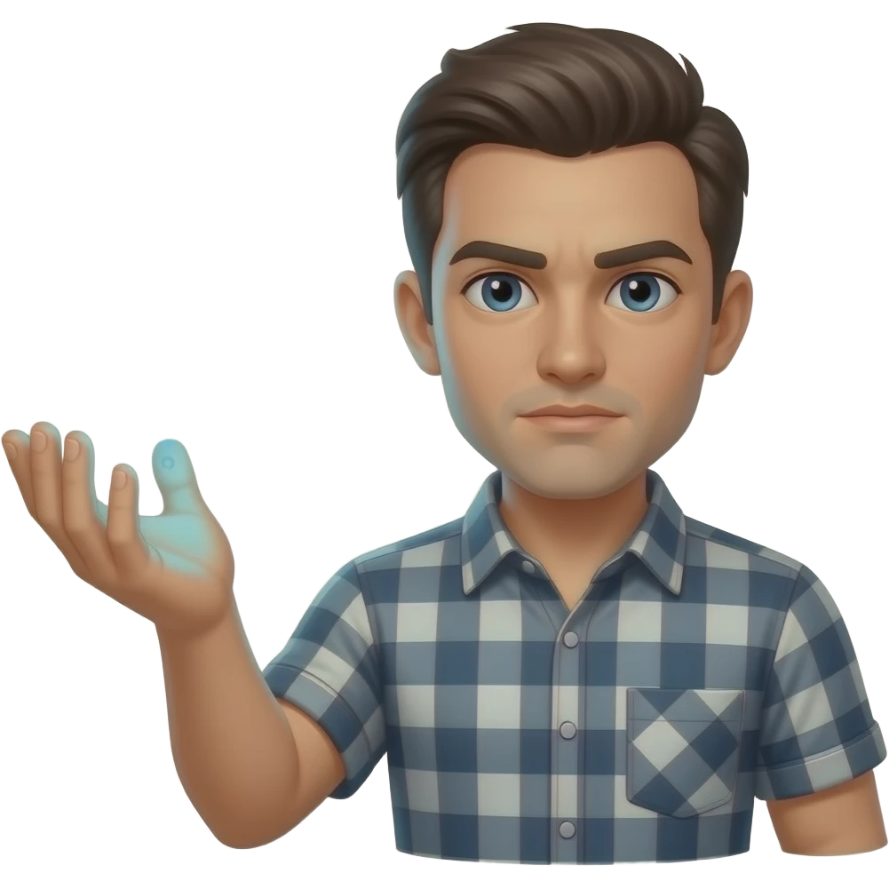 A informal man, hand with glowing magical flow holding a floating Facebook logo, looking at viewer with serious. Text on below: 'What's your topic, Ms. ?'. Shimmering gold energy, flat vector style, sharp edges emoji