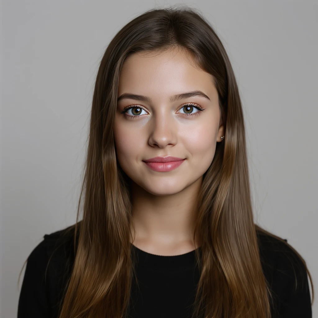 realistic portrait of a girl with long straight brunette hair and blue eyes, photographic style, natural pose, plain background emoji
