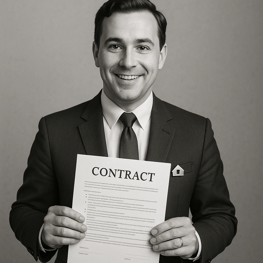 classic style real estate agent wearing a suit, holding a contract, friendly expression emoji