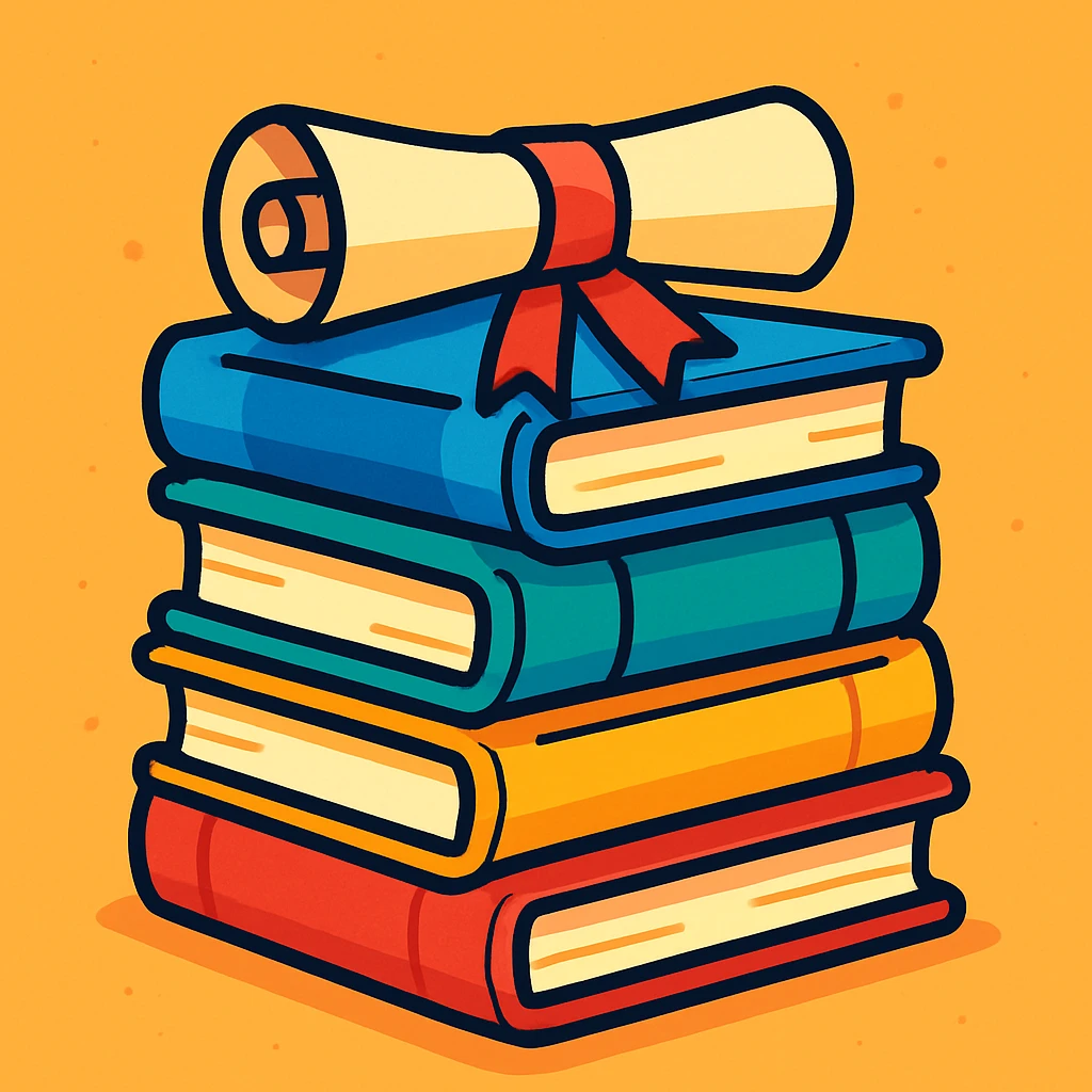 a stack of books with a diploma scroll, representing academia, colorful cartoon style emoji