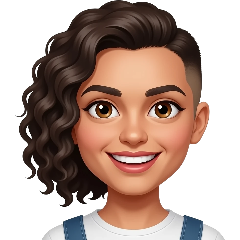 Mexican girl brown eyes with only one side of hair thats curly and the other side she has a buzz cutand make sure that it looks like a girl and a big forehead with lip gloss and a widebig creepy smile emoji