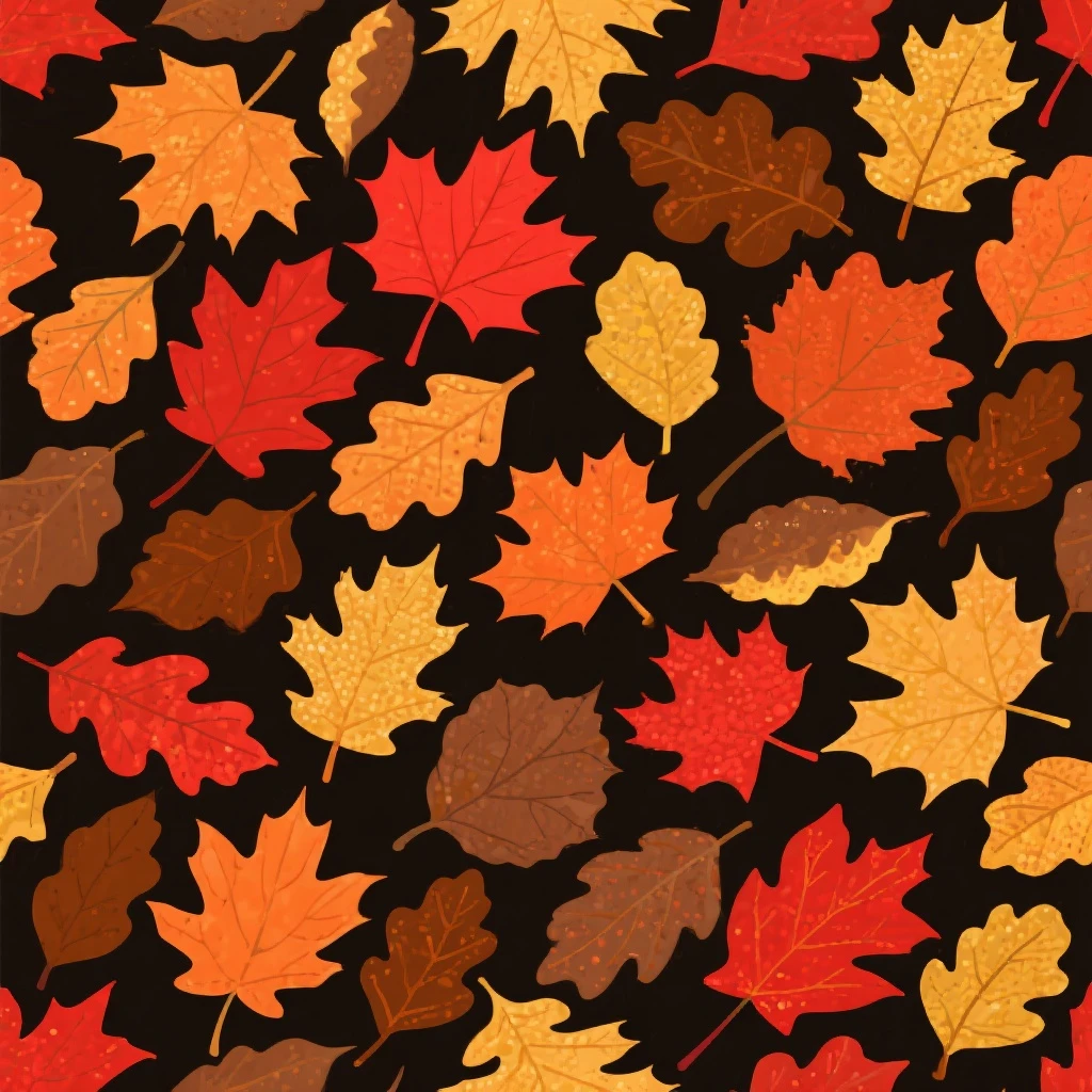 fall leaves seamless background, maple and oak leaves, red orange yellow brown, scattered pattern, soft texture, warm cozy vibe emoji