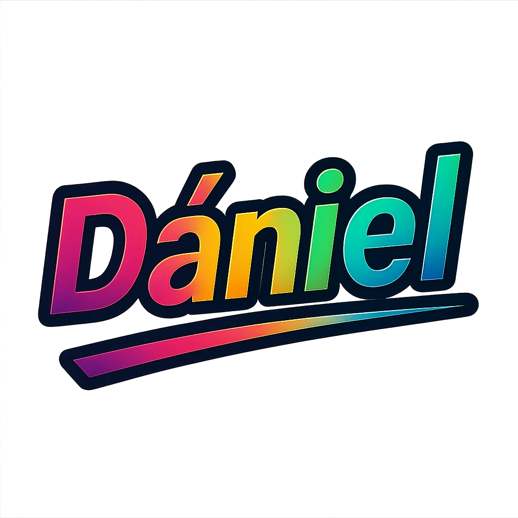 The name 'Dániel' in a modern, colorful gradient font with a dark outline, transparent background, with the name underlined or partially underlined with a dynamic, slanted underline, in the style of the sample images. emoji
