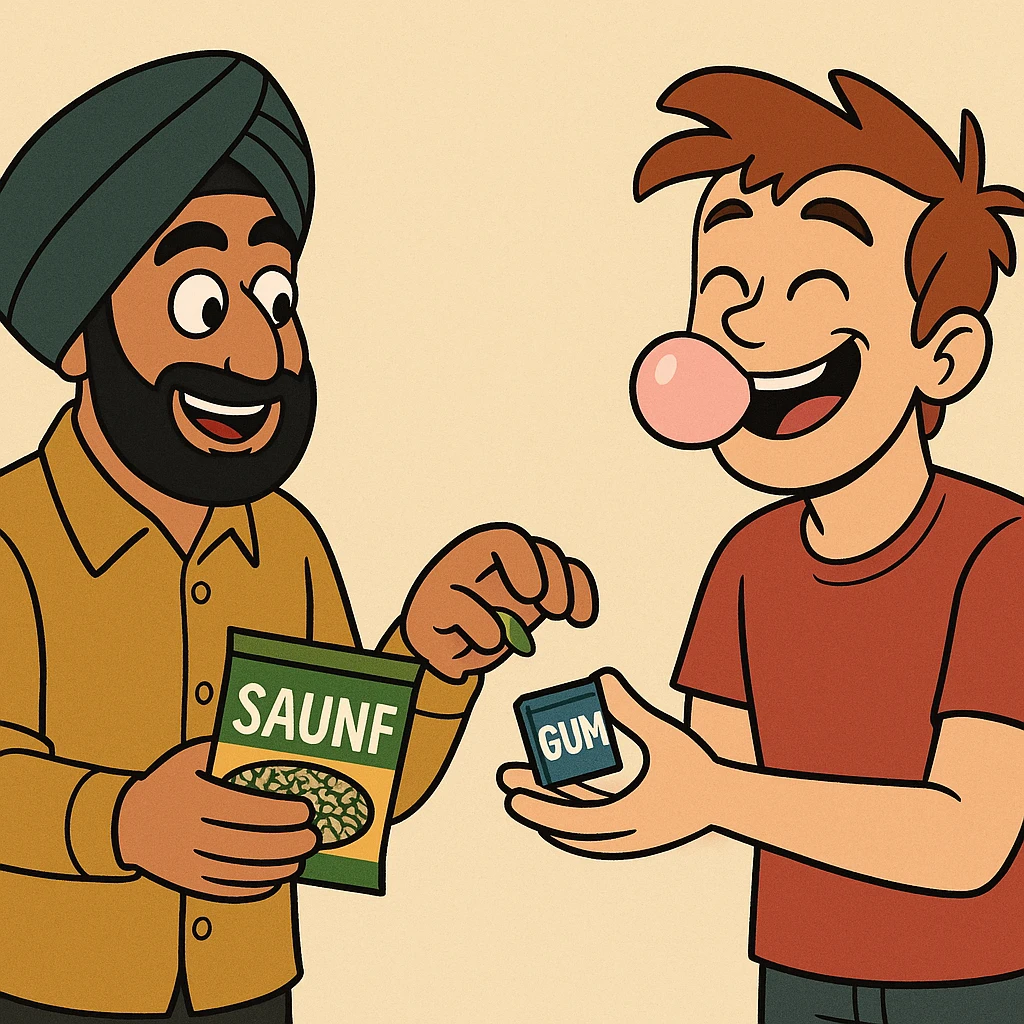 playful cartoon scene with one character named Sardar holding a packet of saunf, another character smiling and chewing gum, both exchanging their snacks, friendly and humorous mood emoji