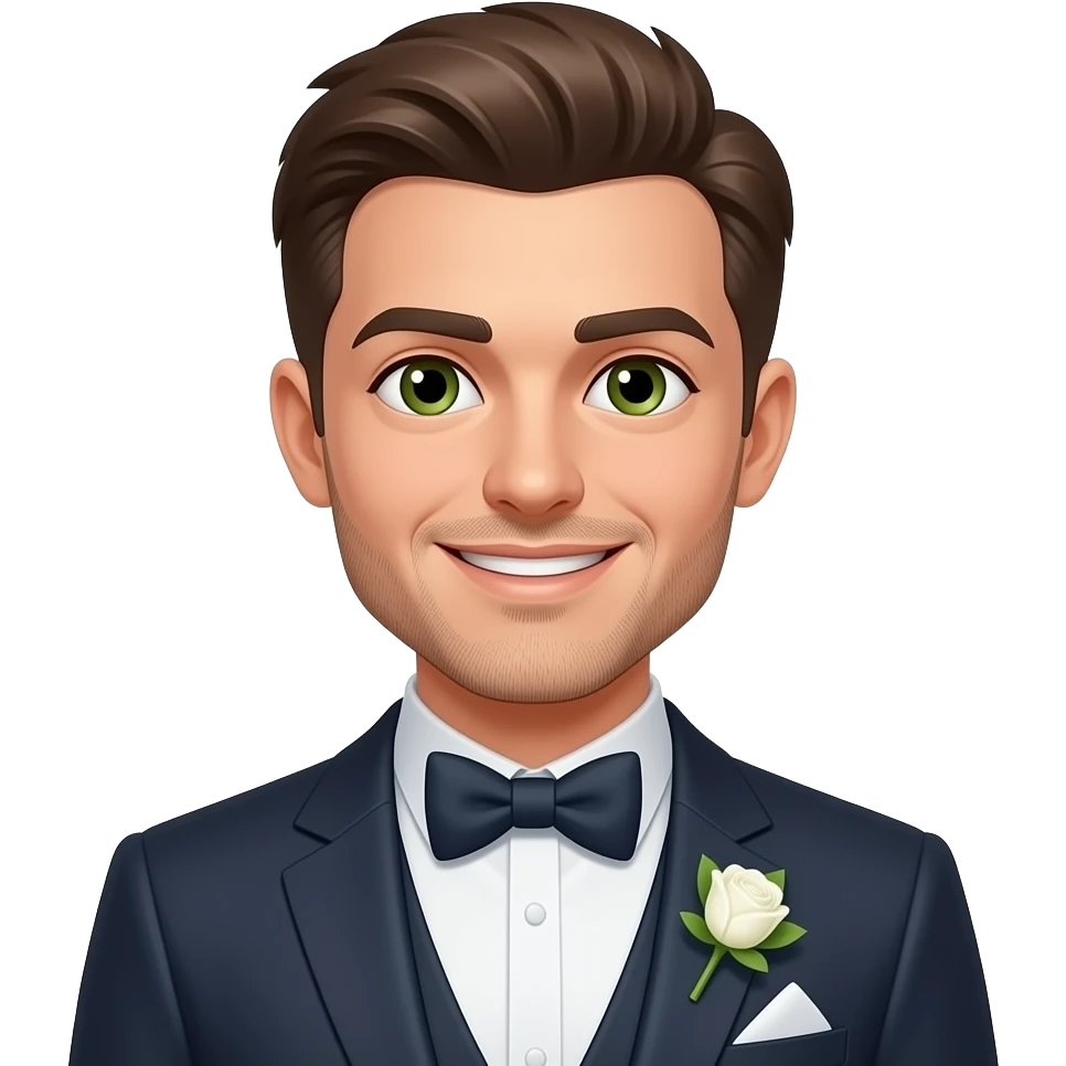 , Tall Groom smiling white skin and brown hair, green/brown eyes, stubbles and tall cute emoji style emoji