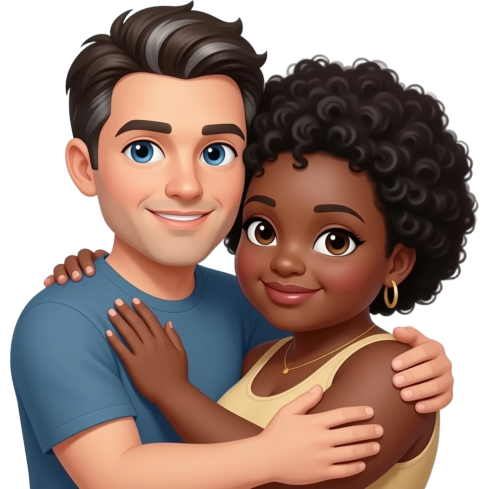 Medium build, white male, medium dark hair with some grey and blue eyes hugging plus size black woman with short length Afro hair, some gray emoji