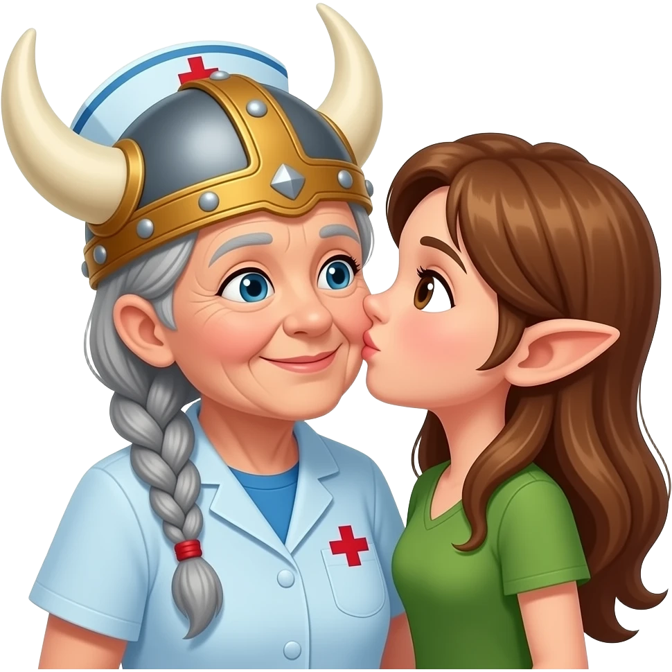 Viking hat gray braids old woman kissing pixie hair brunette elderly nurse emoji