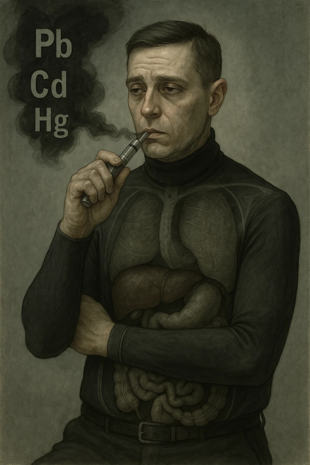 Realistic medical style illustration of a man aged 30-40 years with pale skin, dull eyes, and a tired face, inspired by the reference photo. He holds an electronic cigarette emitting dark smoke with chemical symbols Pb, Cd, Hg. His body is transparent showing dark liver and intestines. The atmosphere is gloomy with metallic colors, realistic medical style. emoji