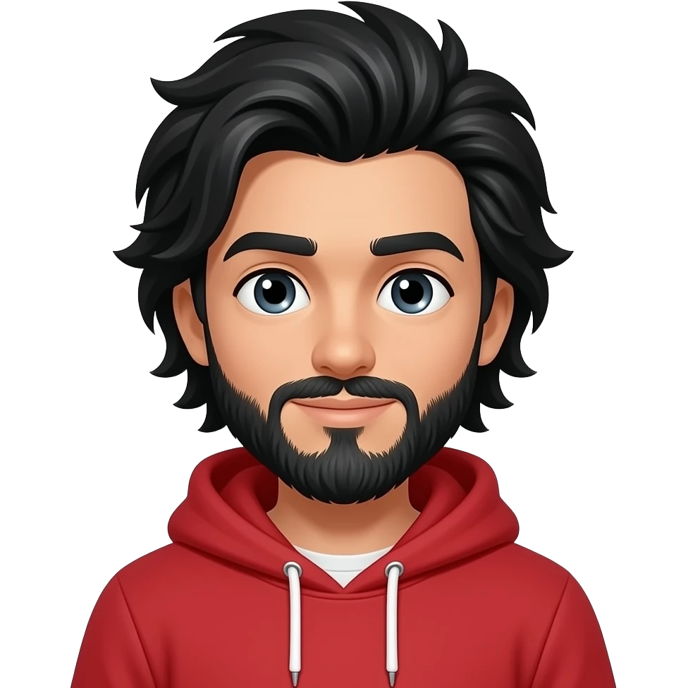 A boy with black long puffy tied hair and has a Red hoodie with a beard emoji