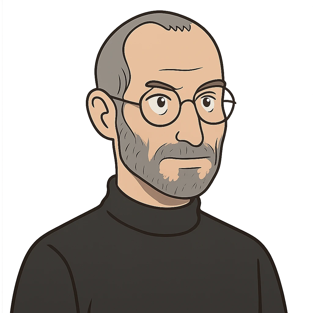 flat toon style portrait of Steve Jobs, turtleneck, glasses, no background emoji