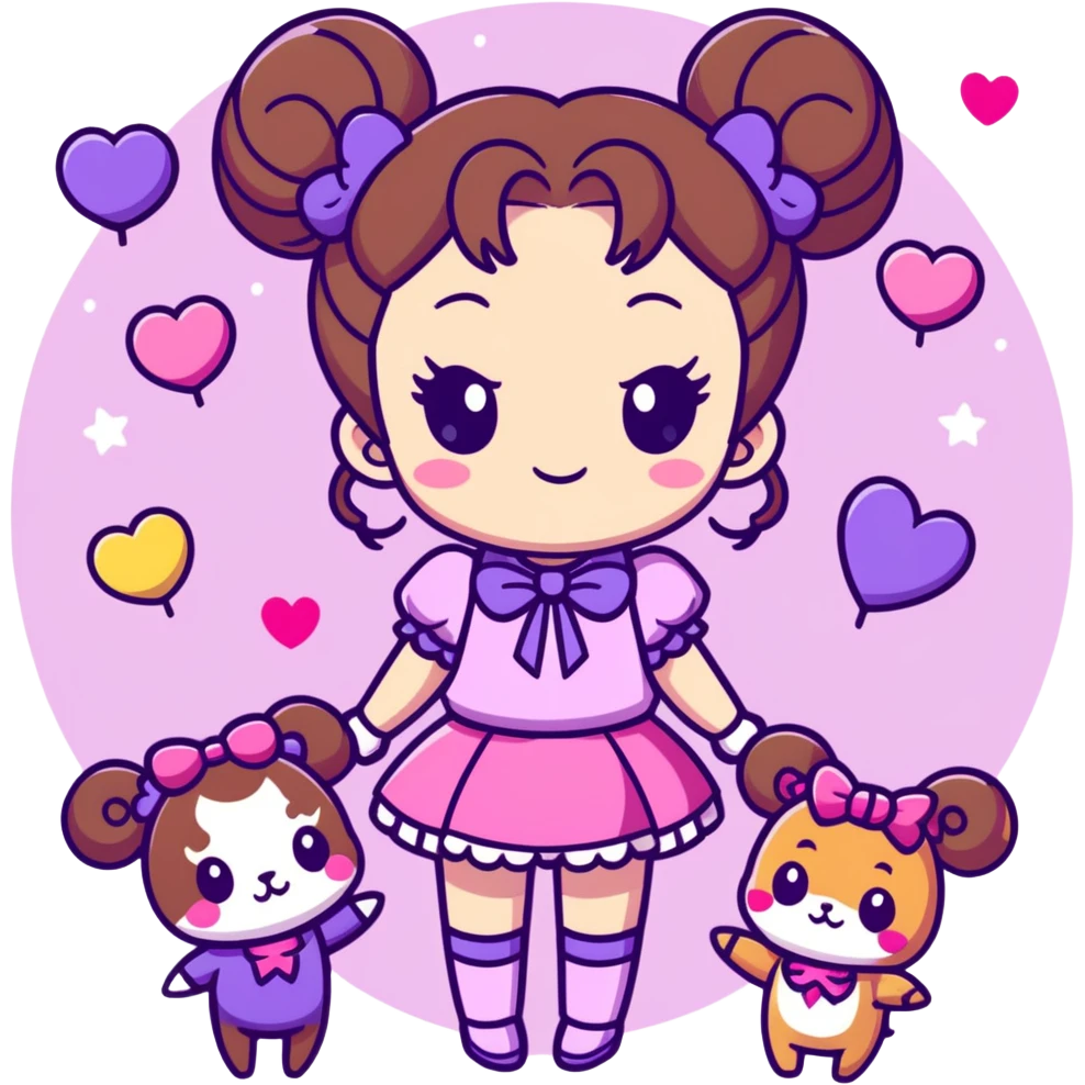 A sparkly magical girl with brown hair in twin buns, wearing a pink and purple outfit, surrounded by glitter, hearts, and animals — in chibi anime style. emoji
