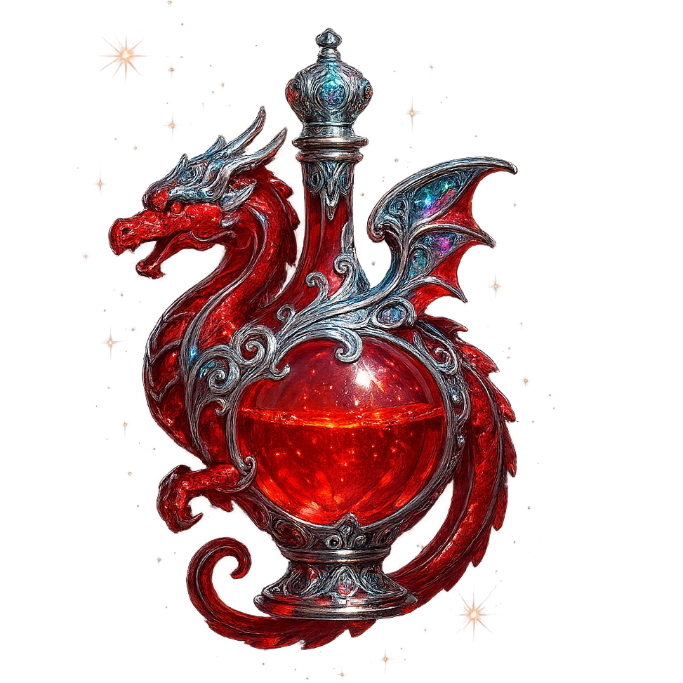 luxurious crystal elixir bottle in dragon shape, entirely vibrant red color, ornate silver and iridescent details, magical glowing and sparkling effects, very small neck, seamless bottom, transparent background, bottle clearly floating in air, no base or shadow, modern, collection style emoji