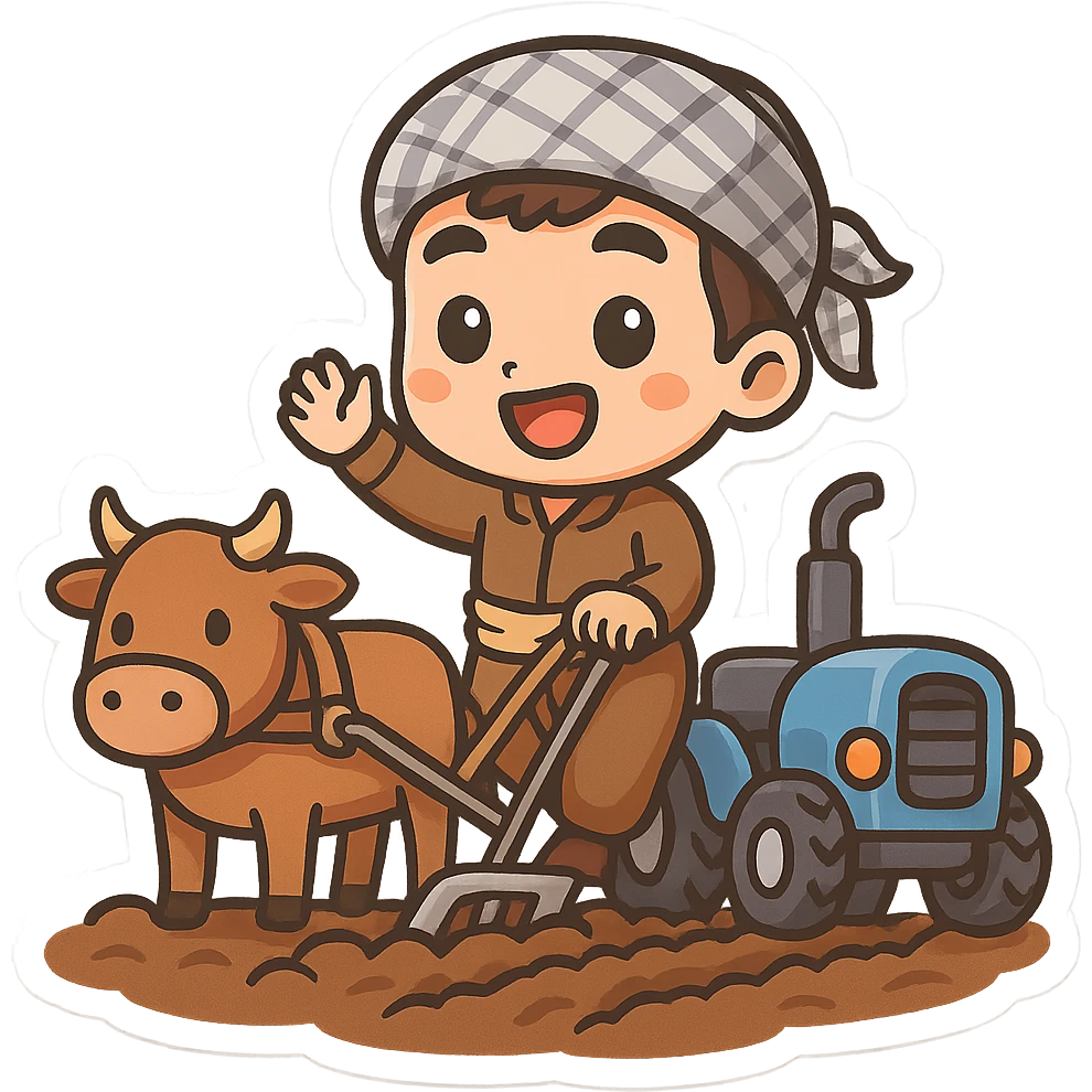 Create a chibi cartoon sticker of a Kurdish farmer who is plowing the land using both a cow and a tractor at the same time, in a cheerful and colorful style, with a transparent background. emoji