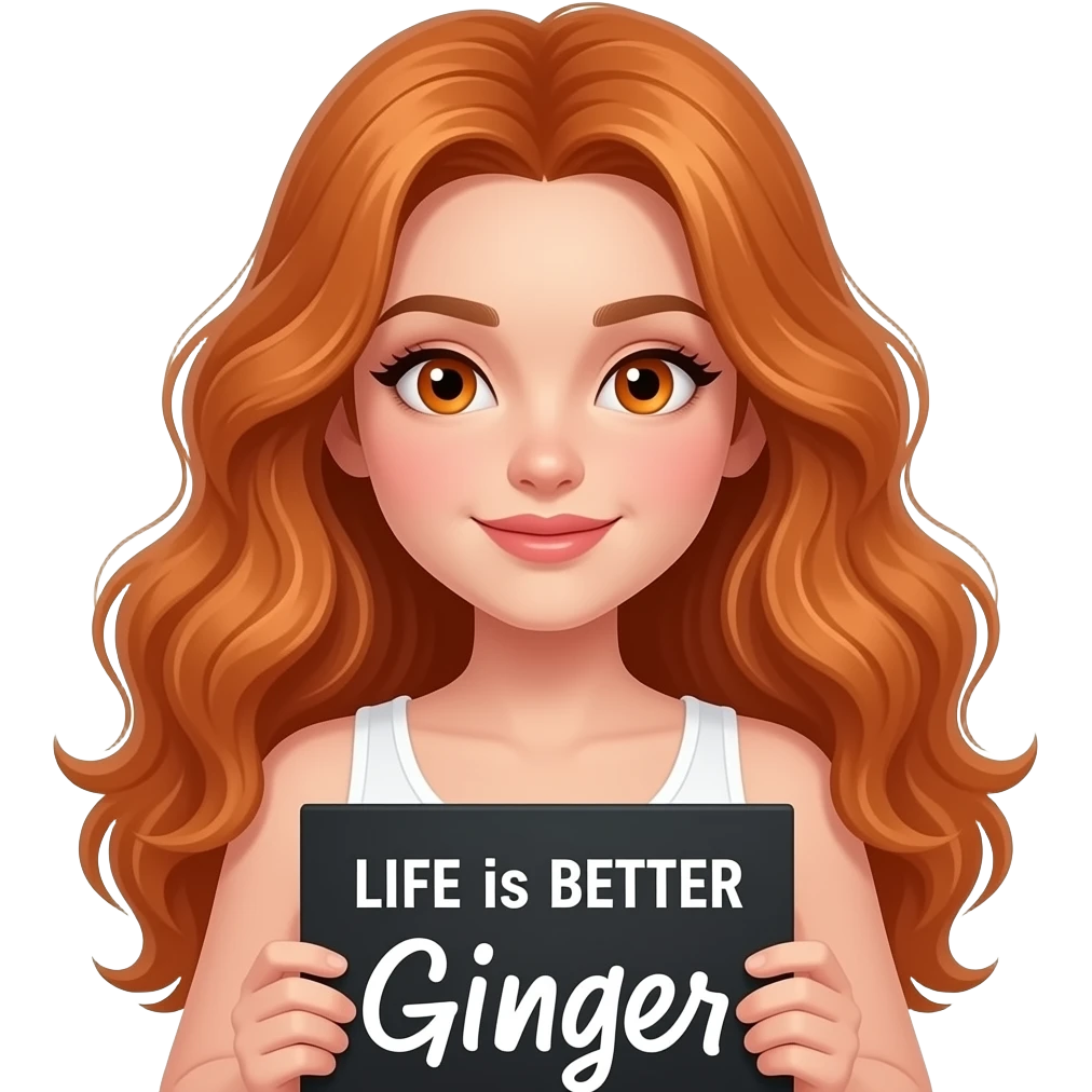 sexy girl with long wavy ginger hair and ginger eyes wearing a white tanktop is holding a black colored sign with LIFE is BETTER with a GINGER written on it emoji