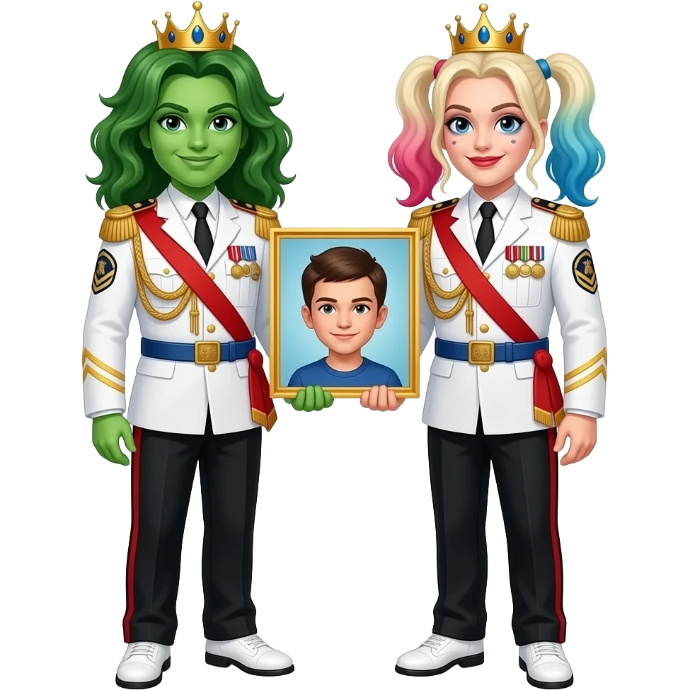Poison ivy and harley quinn from dc are same wearing gold tiara white military tunic arm badge shoulder cord medal red sash blue belt black trouser with both side red stripe white shoes and they both love with peacefully child boy emoji