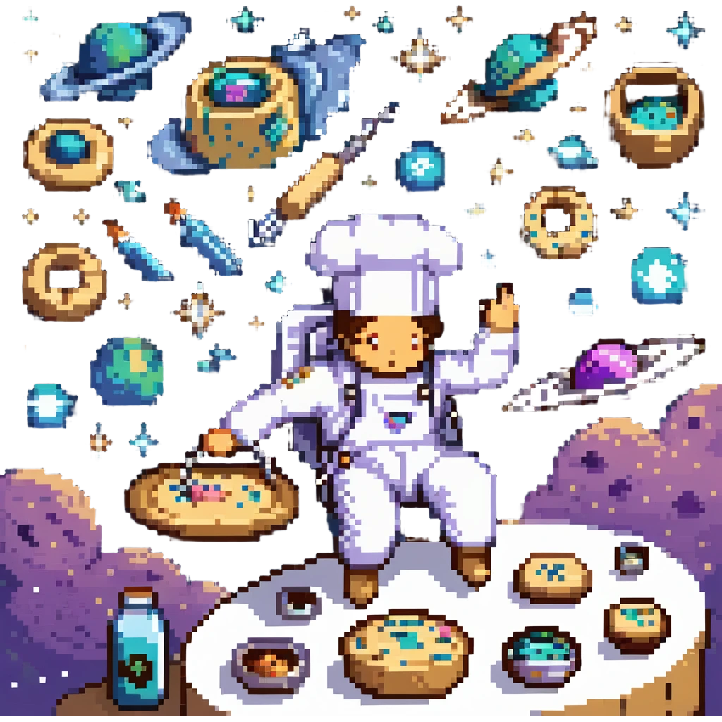 An interstellar baker crafting cookies in zero gravity, using stardust and planetary spices. The kitchen orbits a nebula, with floating tools and anti-gravity dough. UI features galactic swirls, shimmering constellations, and planetary icon emoji