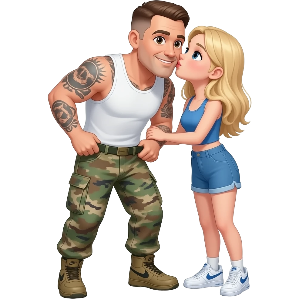 older white man with brown hair and eyes short hair wearing cargo army print pants nike air force shoes and white tank top with tattoos on his arm. Now, can you add a younger blonde hair blue eye girl with blue crop top and matching shorts kissing him on cheeks he grabs his pants in middle emoji